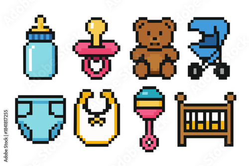 Pixel art: baby items set featuring bottle, pacifier, and stroller