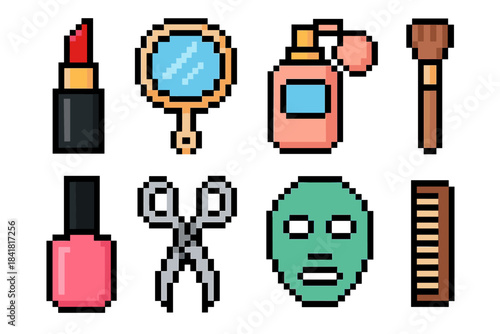 Pixel art beauty items: makeup, mirror, perfume, brush, nail polish, scissors, face mask, comb