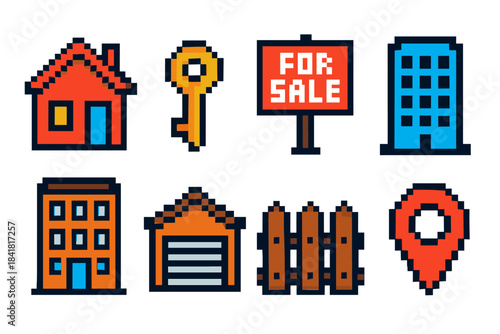 Pixel art real estate icons set: house, key, for sale sign, buildings, garage, fence, map pin