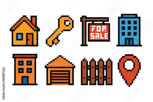Pixel art real estate icons set: house, garage, key, for sale sign, map marker