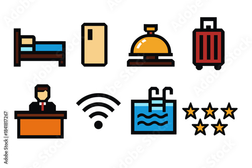 Hotel icons set with bed, bell, wi-fi, luggage, pool, reception, and rating symbols