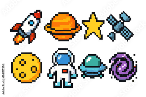 Colorful pixel art space adventure: rockets, planets, stars, and astronauts
