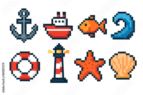 Pixel art nautical icons: anchor, ship, fish, wave, lifebuoy, lighthouse, starfish, shell