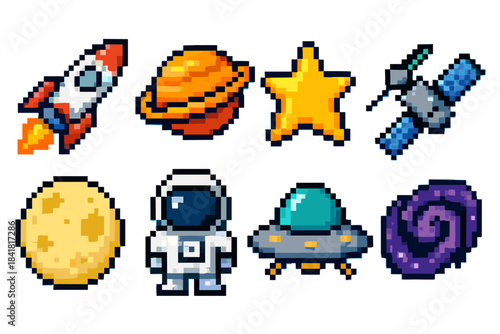 Retro pixel space icons featuring rocket, planet, star, satellite, moon, astronaut, ufo, spiral