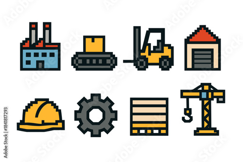 Pixel art icons: factory, transportation, construction equipment, tools