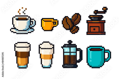 Pixel art coffee collection with cups, grinder, beans, and french press