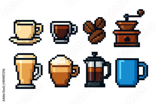 Retro pixel art coffee icons featuring cups, beans, and grinder