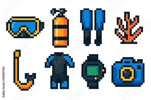 Pixel art scuba diving equipment: mask, tank, fins, coral, snorkel, wetsuit, watch, camera