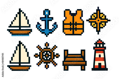 Pixel art nautical icons: sailboat, anchor, life vest, compass, helm, pier, lighthouse