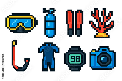 Colorful pixel art scuba diving gear icons with coral and camera