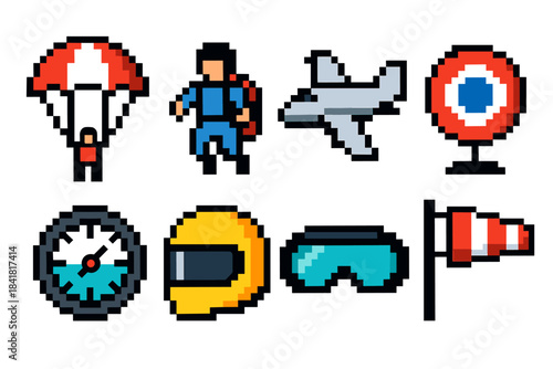 Pixel art skydiving icons with parachute, plane, and helmet