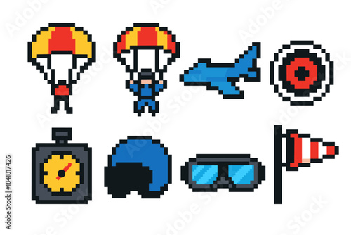 Pixel art skydiving and aviation icons set with parachutes and goggles