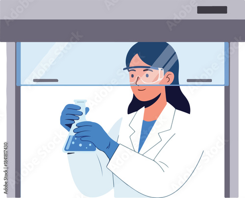 Female scientist conducting experiments with beakers and test tubes in a laboratory under a fume hood