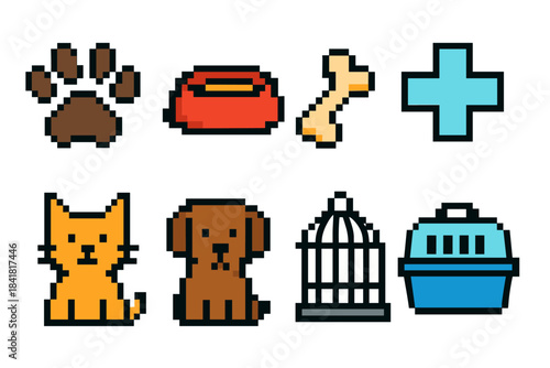 Pixel art pet supplies and animals: cat, dog, paw, bowl, bone, cage, carrier