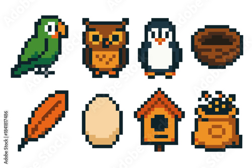 Pixel art birds and icons: parrot, owl, penguin with nest, feathers, egg, birdhouse, birdseed