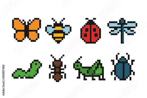 Pixel art insects collection: butterfly, bee, ladybug, dragonfly, caterpillar, ant, grasshopper, beetle