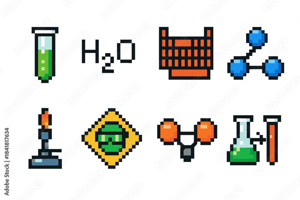 Fototapeta premium Pixel art science icons: chemistry symbols with lab equipment