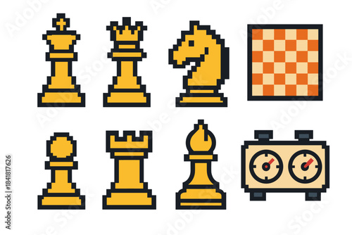 Pixel art chess pieces with clock and board