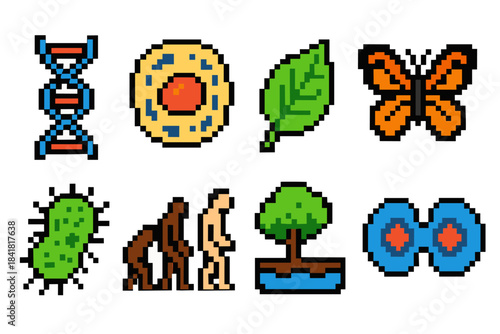 Pixel art evolution: dna, cell, leaf, butterfly, bacteria, human evolution, tree, cell division