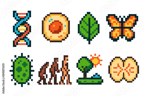 Pixel art icons depicting dna, cell, leaf, butterfly, bacteria, evolution, nature, and mitosis