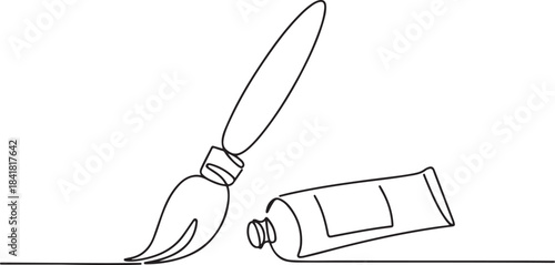 Brush and paint of the tube one line drawing vector illustration isolated on white background. Concept of tool for artist or painter minimalist style.one line  vector illustration  with out background