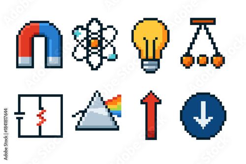 Pixel art science icons featuring magnet atom light bulb pendulum