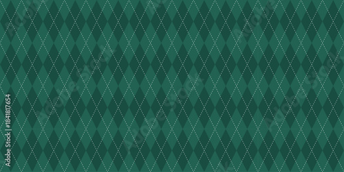 Dark green argyle seamless pattern. Christmas harlequin rhombus background. Xmas wrapping texture backdrop. Holiday traditional diamond shape pattern. Tablecloth fabric. Vector illustration