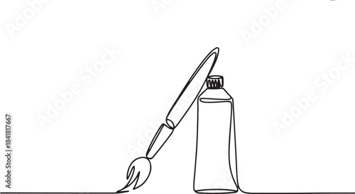 Brush and paint of the tube one line drawing vector illustration isolated on white background. Concept of tool for artist or painter minimalist style.one line  vector illustration  with out background
