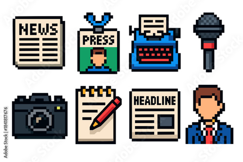 Pixel art journalism icons: newspaper, press badge, typewriter, microphone, camera, notepad
