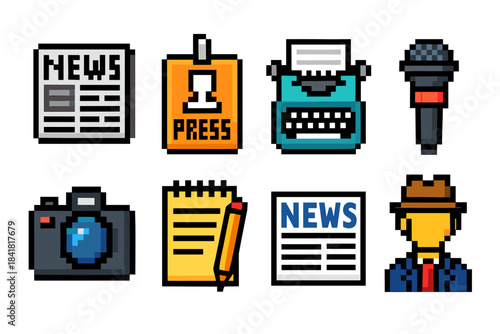 Pixel art icons of journalism tools and symbols including typewriter and microphone