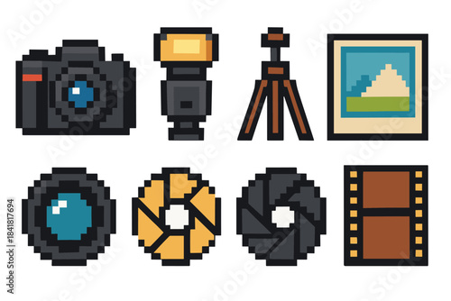 Pixel art camera and photography icons set with equipment and accessories