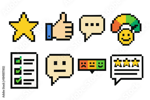 Pixel art emoji icons: star, thumbs up, speech bubbles, rating scale, checklist, feedback