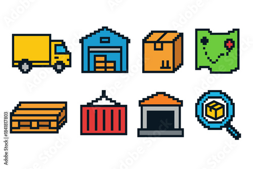 Pixel art logistics icons: truck, warehouse, box, gamepad, pallet, container, storage facility, package search