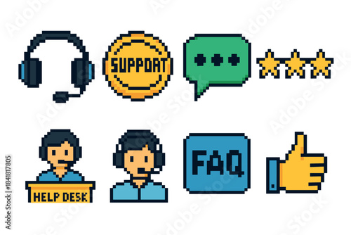 Pixel art customer support icons with headset, help desk, faq, and rating