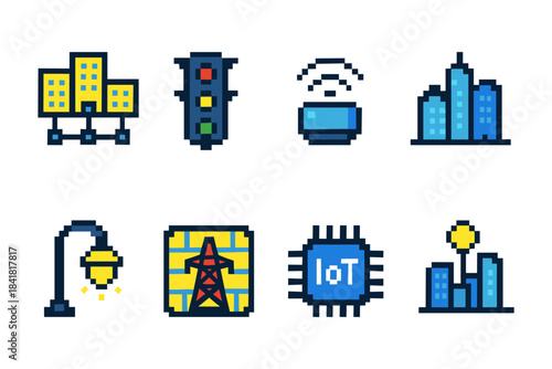 Pixel art icons: smart city, traffic light, iot, buildings, lamp post, power line