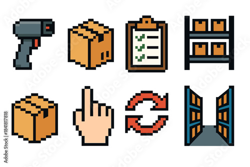 Pixel art icons of warehouse operations: scanner, boxes, checklist, shelving, hand, arrows