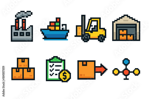 Pixel art icons: factory, cargo ship, forklift, warehouse, and logistics