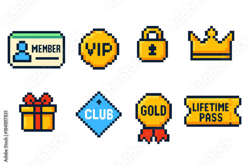 Pixel art membership icons: vip, gold, lifetime pass, and more