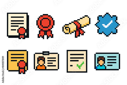 Pixel art icons: certificate, medal, diploma, badge, profile, id cards
