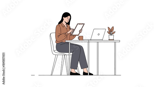 Woman working at her desk, reviewing documentation, using a laptop and notepad in an office setting