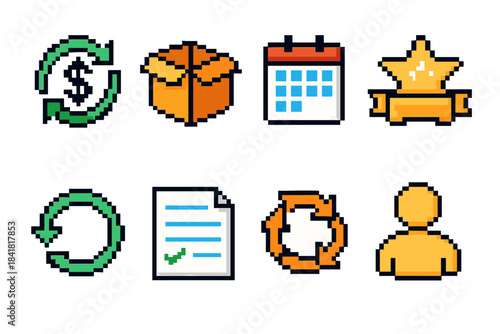 Pixel art icons: currency, package, calendar, star, refresh, document, recycle, user