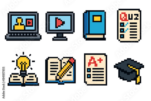 Pixel art education icons set: book, screen, exam, graduation cap
