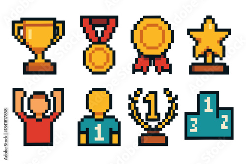 Pixel art icons of trophies, medals, and prizes for achievements