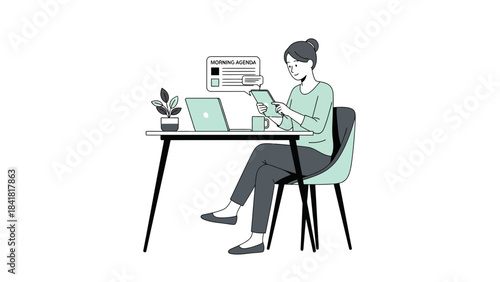 Woman working at her desk, using a laptop and tablet, checking the morning agenda