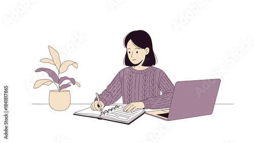 Woman working at her desk, writing in a notebook with a laptop Illustration