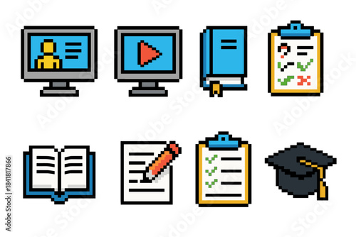 Pixel art icons: online learning and education essentials