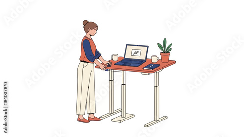 Woman working at standing desk with laptop and plant in a cheerful graphic illustration