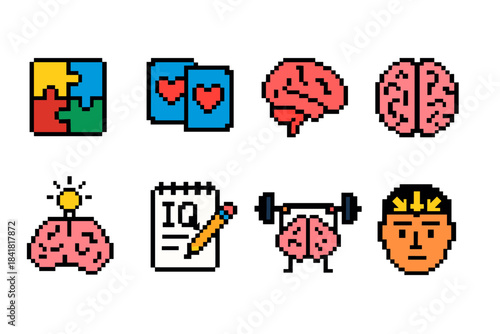 Pixel art brain icons: puzzle, memory, iq, exercise, and creativity concepts