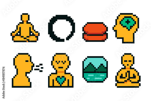 Pixel art symbols of meditation, mindfulness, and calm with human figures