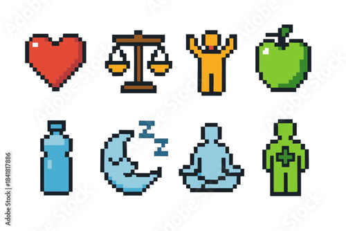 Pixel art icons: heart, scale, person, apple, water bottle, moon, meditation, health